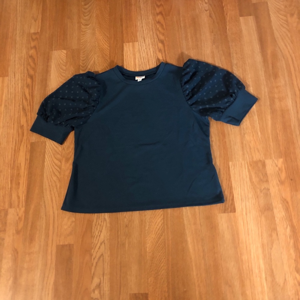 LuLaRoe Dark Teal Top Short Puff Sleeve Round Neck Dark Academia